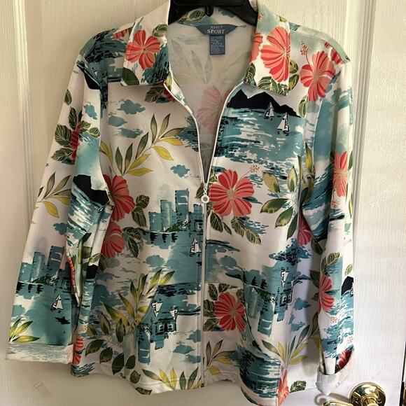 Korey Sport Women’s PL jacket tropical scenes. White, turquoise, orange. - Picture 2 of 8